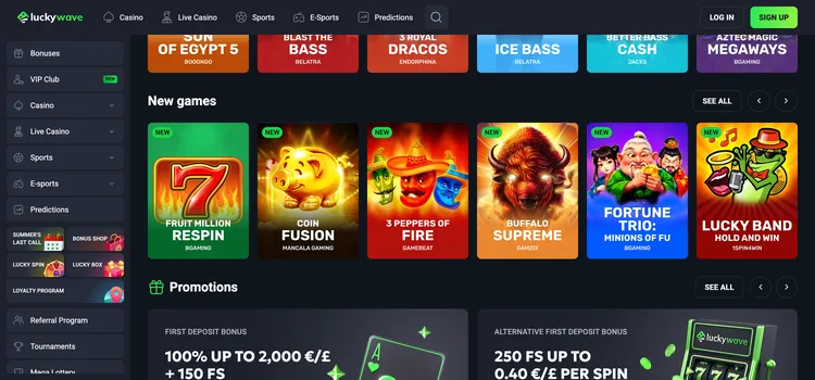 LuckyWave casino lobby showing new games and first deposit promotions